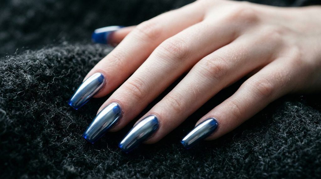 Translucent cobalt blue glass chrome nails on very white skin.