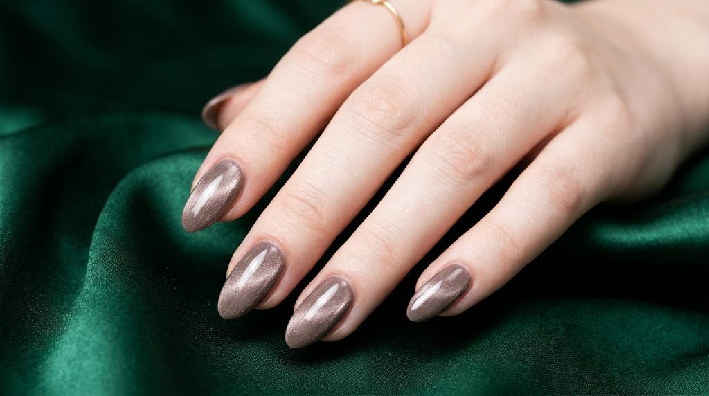 Cashmere nails in velveteen cocoa taupe on medium almond nails over dark emerald backdrop.