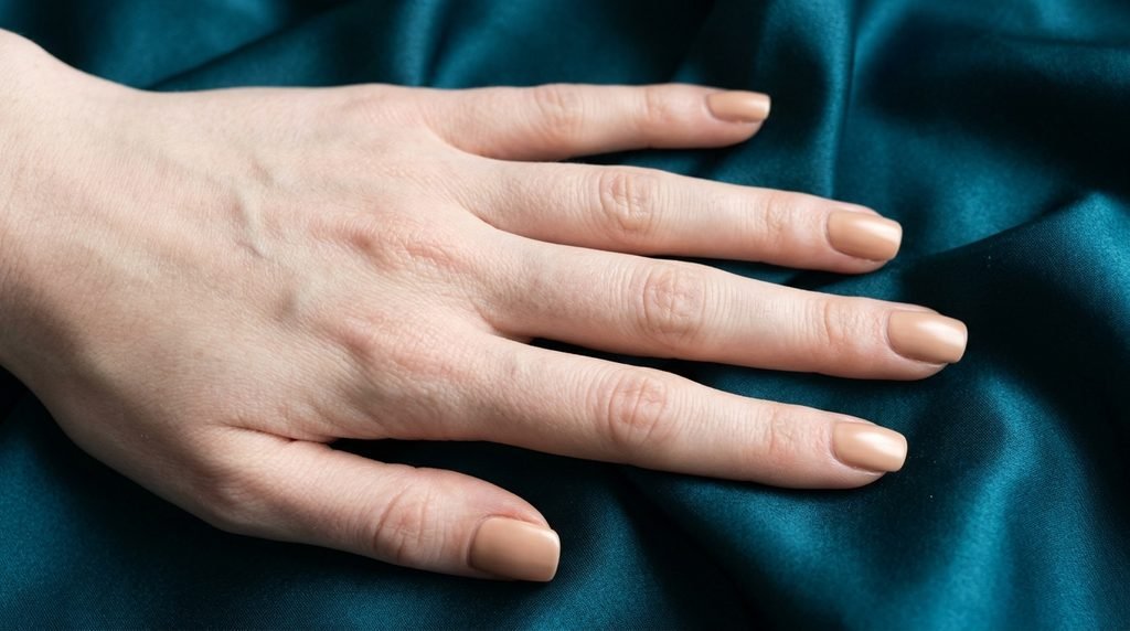 Cashmere nails in toasted almond cream on short square nails over deep teal backdrop.