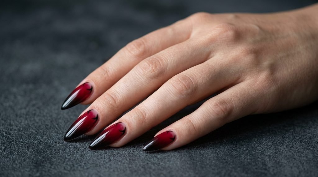 Sharp stiletto nails with crimson red to black gradient polish on an 18-year-old hand with white skin.