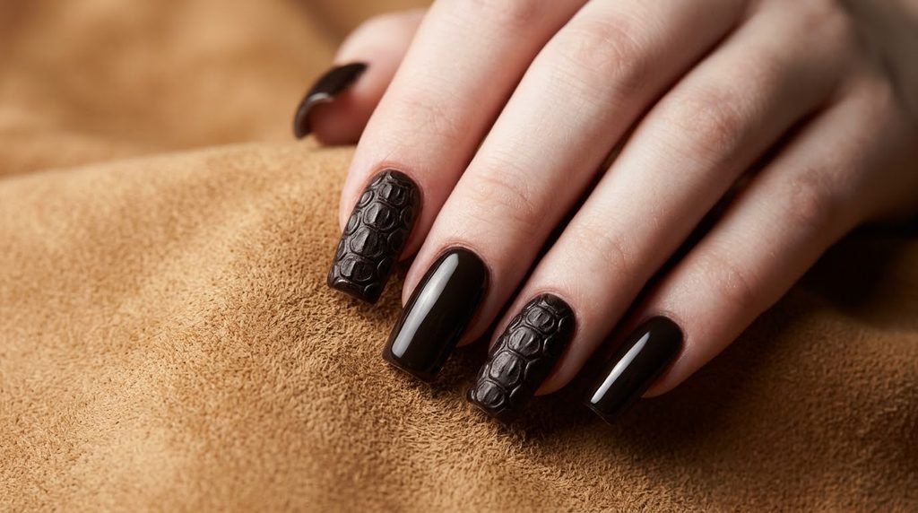 Square nails featuring embossed dark brown crocodile print accents on an eighteen year old female hand with light skin on tan suede.