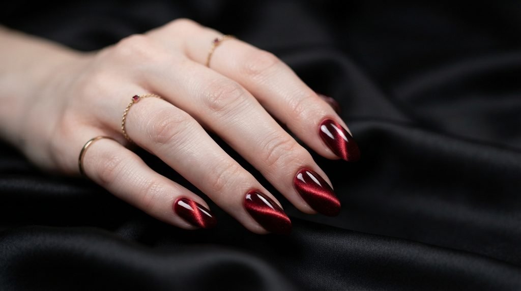 Magnetic cat-eye velvet effect in deep red on almond nails over black satin.