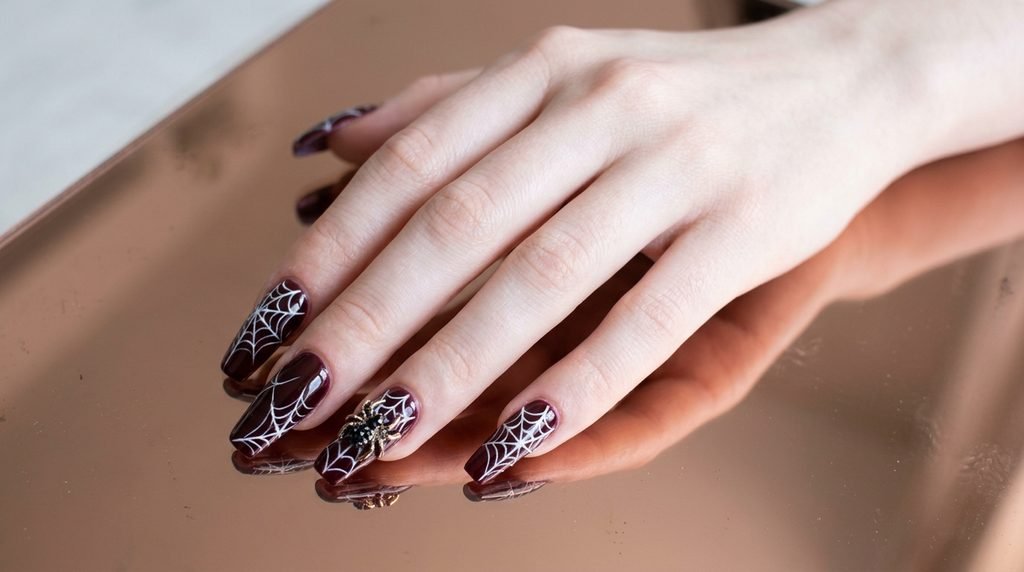 Spider web gel art with a tiny dark crystal center on deep burgundy coffin nails over rose gold reflection.