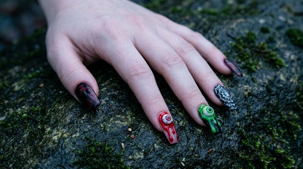 A dynamic close-up of a woman's pale hand with coffin nails showing 3D eyeballs paired with realistic red blood drips, vibrant green slime drips, and spiderweb textures against mossy rock.