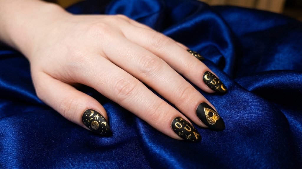 Matte black nails with metallic gold spirit board letters displayed on a white-skinned female hand.