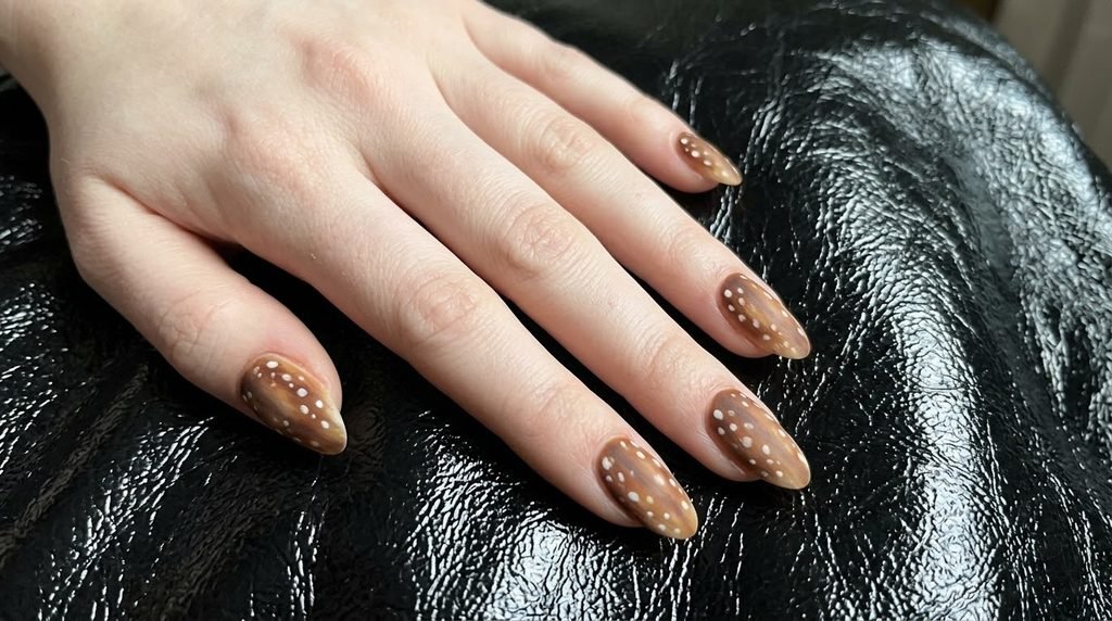 Matte velvet deer print nails on a light-skinned hand positioned over black leather background.