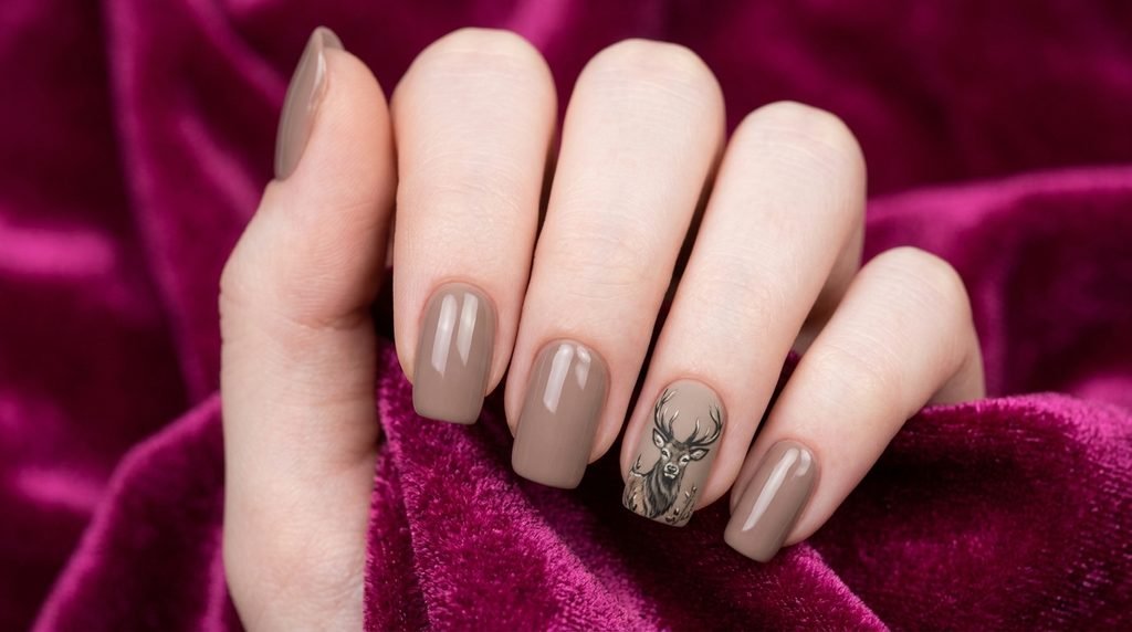 Taupe manicure with a single deer print accent nail shown against magenta velvet.