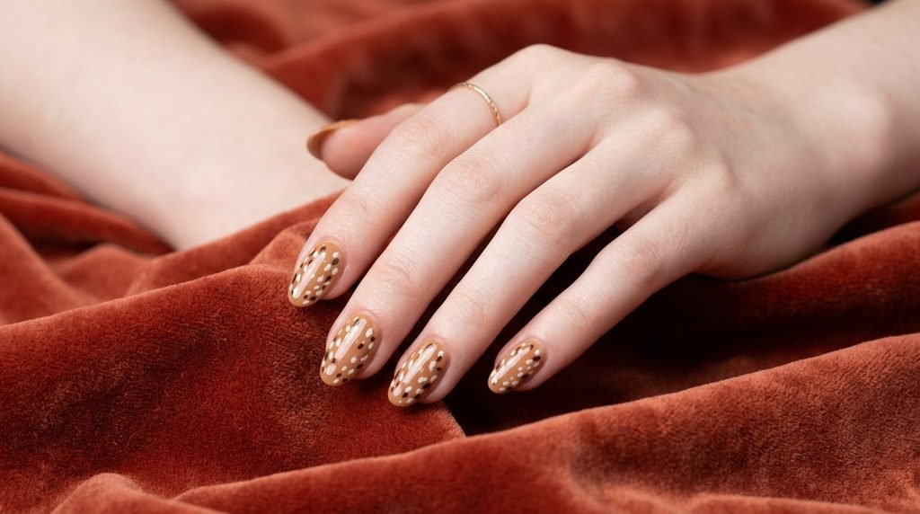 Light caramel deer print oval nails displayed against a rich terracotta velvet background.