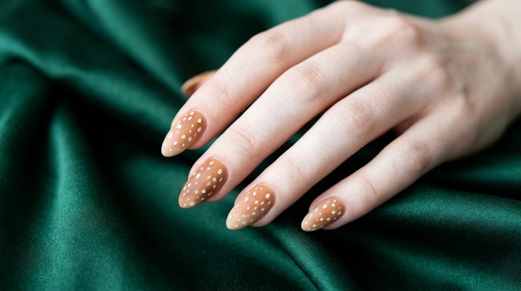 Clean and unblemished matte deer print almond nails on a light-skinned hand over emerald silk.