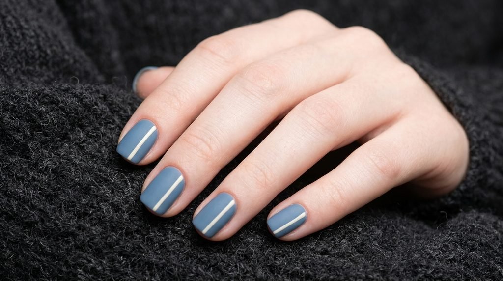 Matte denim blue square nails with cream line accents on very white skin.