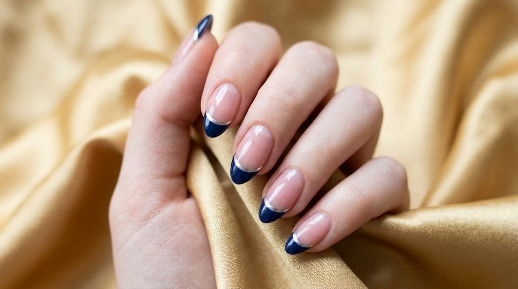 Modern graphic double French tip nails with navy blue and silver lines on a glossy sheer base.