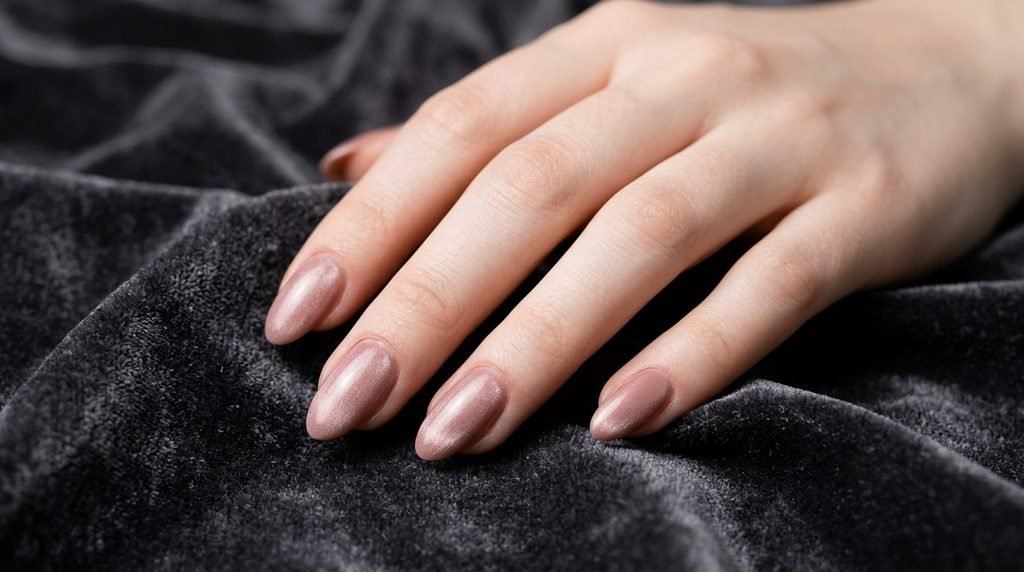 Cashmere nails in velveteen rose nude on medium almond nails over charcoal grey backdrop.
