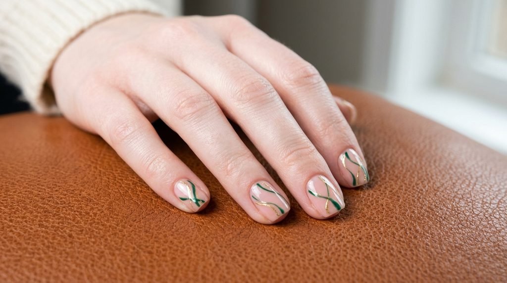 Short squoval nails with ultra-fine double emerald and gold French tip lines on a sheer nude base.