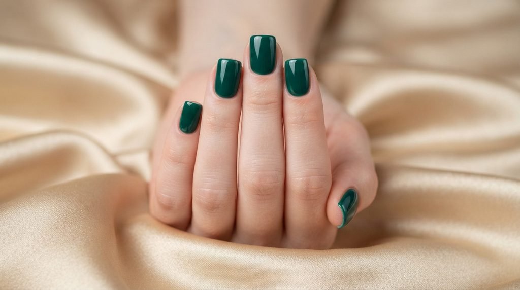 Close-up photograph of deep emerald green short square nails on a young woman's hand against champagne-gold satin