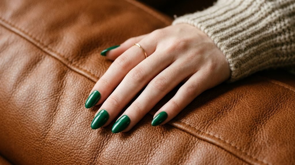 Glossy emerald green press-on nails on an 18-year-old female hand with very white skin on cinnamon leather.