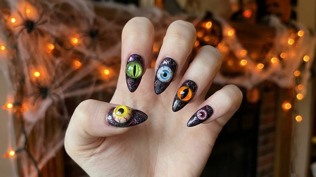 A medium close-up of a woman's pale hand with stiletto nails adorned with various 3D eyeball charms, set against blurred orange lights and spider webs.