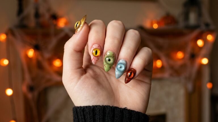 A medium close-up of a woman's pale hand with stiletto nails adorned with various 3D eyeball charms, set against blurred orange lights and spider webs.