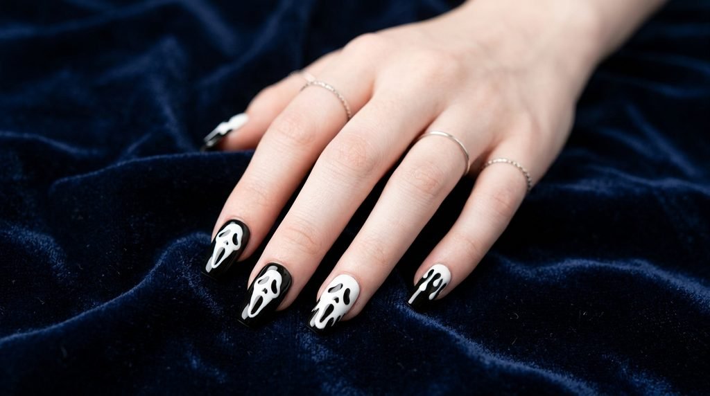 Short squoval nails painted with cute ghost faces over warm dark chocolate suede.