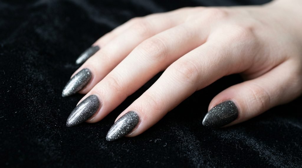 Pointed stiletto nails in glittery gunmetal grey with silver sparkle against black velvet.
