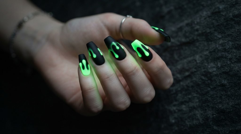 A moody close-up photograph shows coffin nails in darkness where the neon green slime drips glow intensely against a matte black base and charcoal stone background.