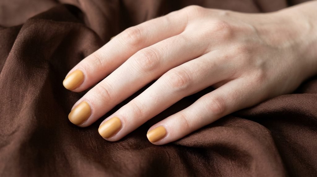 Cashmere nails in golden honey beige on short round nails against chocolate brown background.