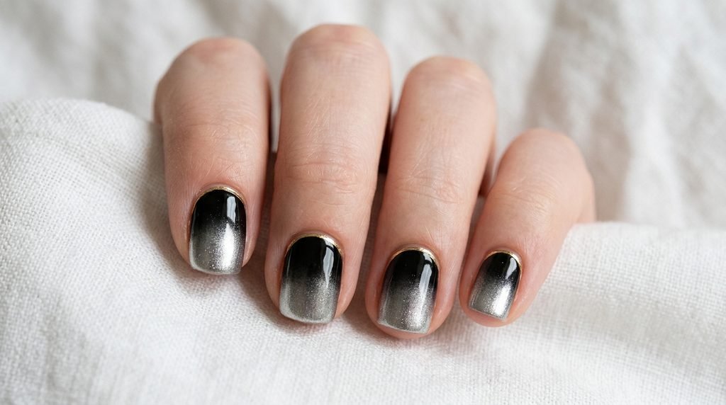Top-down close-up of short square natural nails with a minimal black polish base and a delicate gold chrome cuticle line.