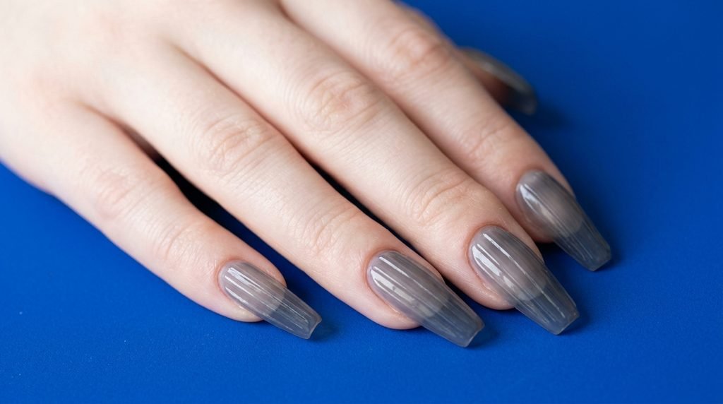 Coffin-shaped smoky gray ribbed glass nails on an 18-year-old female hand with very white skin over cobalt blue.