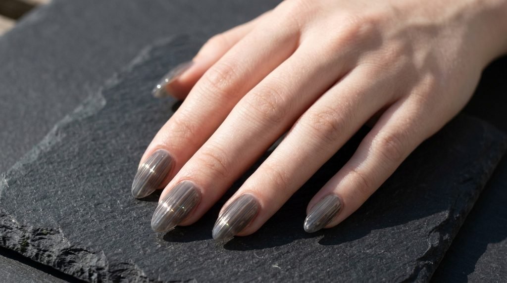Macro view of a smoky gray ribbed glass almond nail on an 18-year-old female hand with very white skin on charcoal stone.