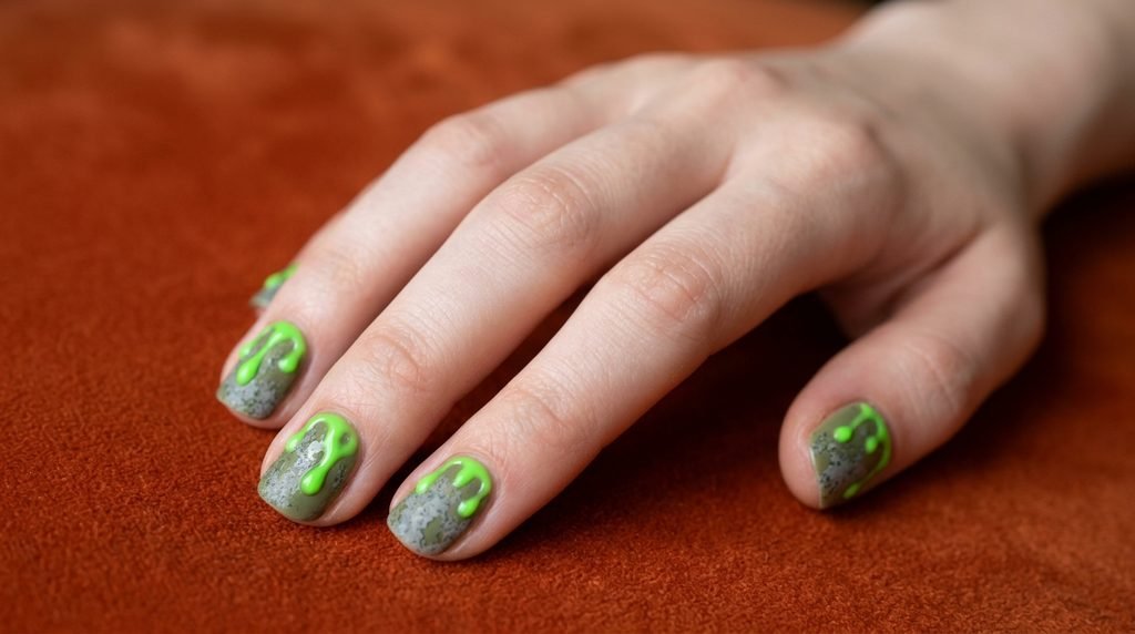 Short natural nails with olive green polish, sponge texture, and neon slime drips on white skin.