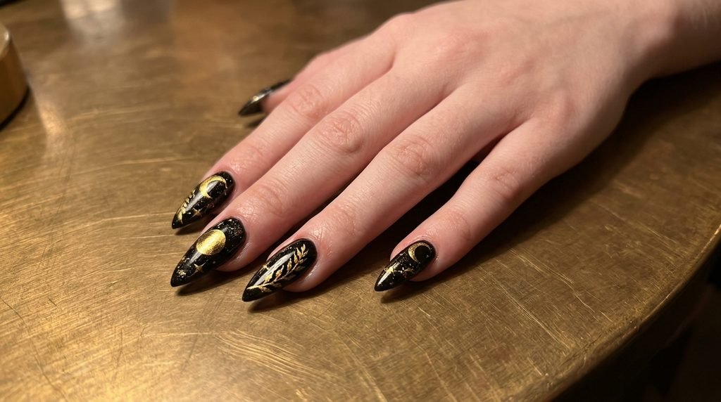 Salon-quality stiletto nail art in black and golden yellow on an 18-year-old female hand with pale skin.