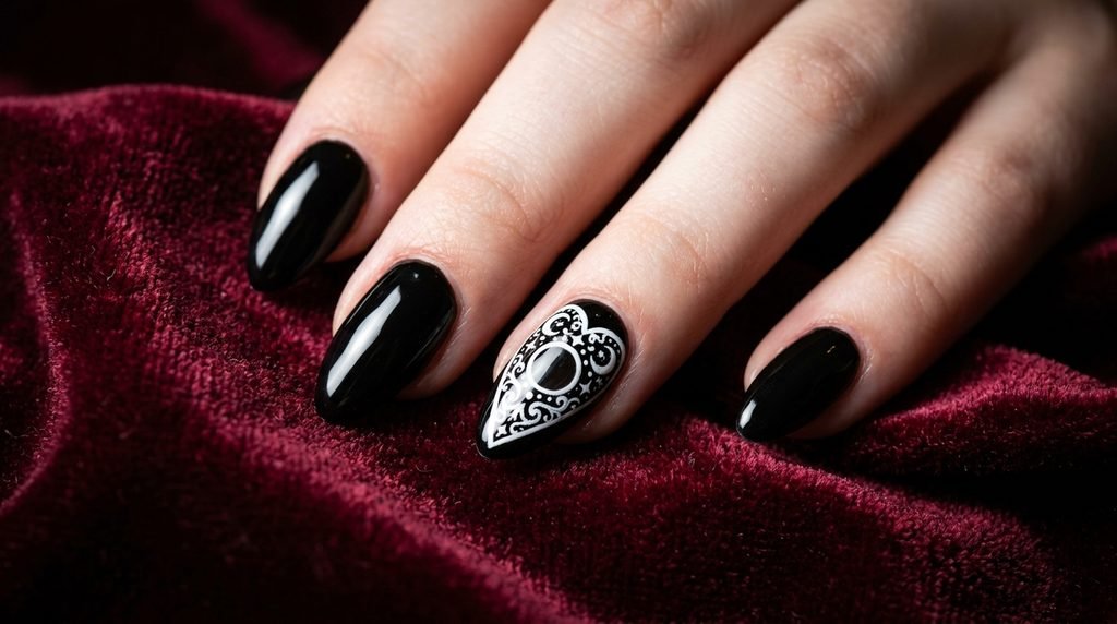 Close-up of a white-skinned ring finger showing a white planchette design with a clear center circle.