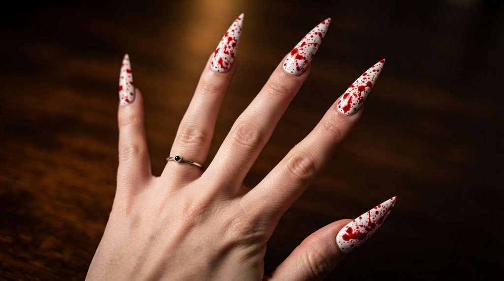 A dramatic close-up photo of very long, sharp stiletto nails on an 18-year-old female hand with white skin, fully covered in dense red blood splatter over white base against dark wood.