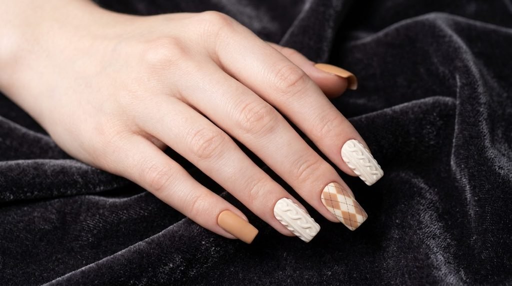 Vintage tan and ivory square sweater nails on an 18 year old hand over charcoal velvet.