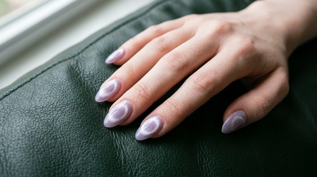Sheer lavender nails with cat-eye aura effect on an 18-year-old female hand resting on forest green leather.