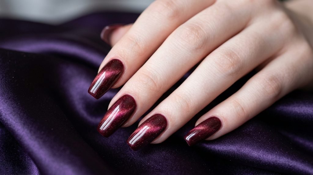 Deep wine velvet magnetic cat-eye polish on long coffin nails resting over dark violet satin.