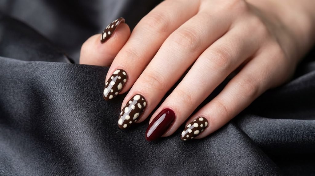 Almond nails displaying dark cacao deer print art and oxblood polish over dark charcoal satin.