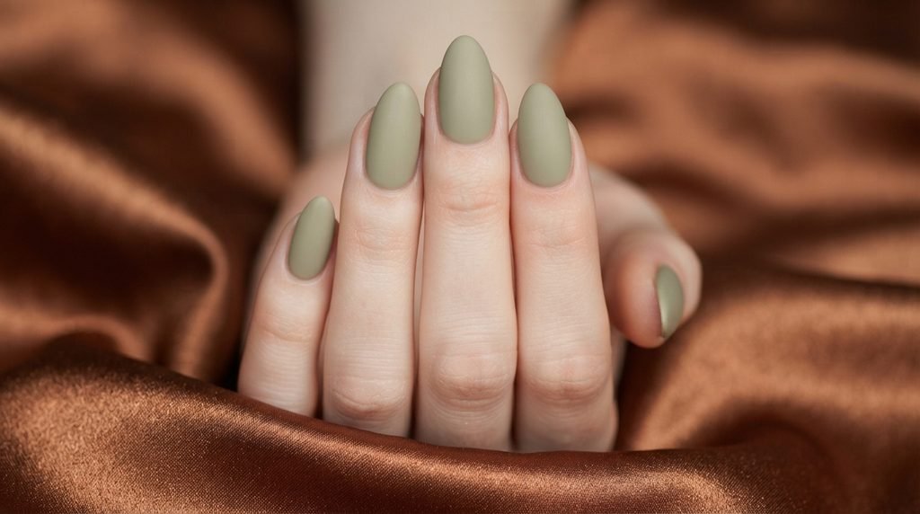 Close-up of medium almond matte khaki green nails on an 18-year-old female hand against copper-bronze satin.