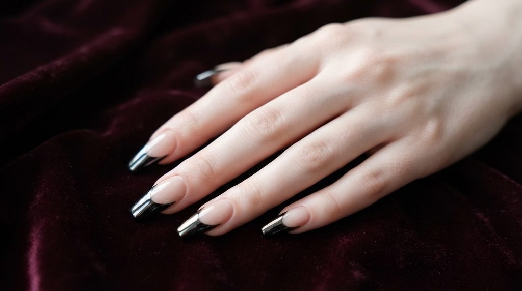 Close-up of coffin nails with crisp black chrome French tips on a sheer nude base against dark velvet.