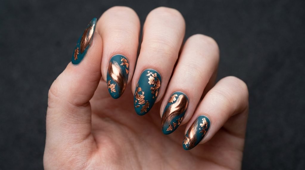 Side-by-side shot of copper chrome powder vs copper foil accents on matte teal nails on an 18-year-old female hand with very white skin.