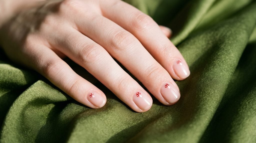Short rounded nails with transparent base and tiny micro painted toadstools on an eighteen year old hand with white skin.