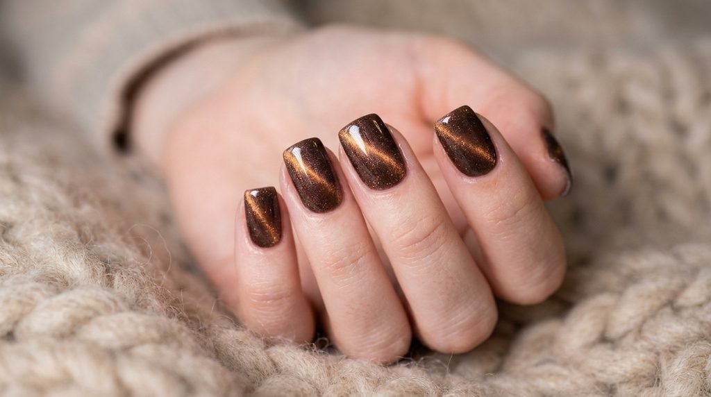 Short squoval nails with a shimmer mocha velvet cat-eye finish on an eighteen year old female hand with light skin over beige wool.