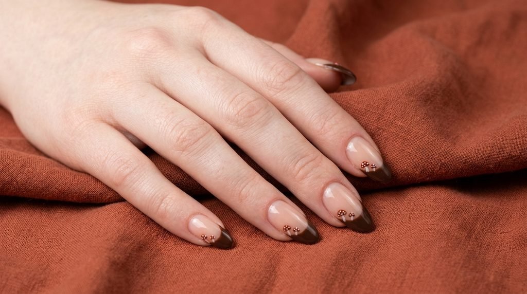 French tip manicure using earthy brown tips and micro mushroom art on an eighteen year old female hand with white skin.
