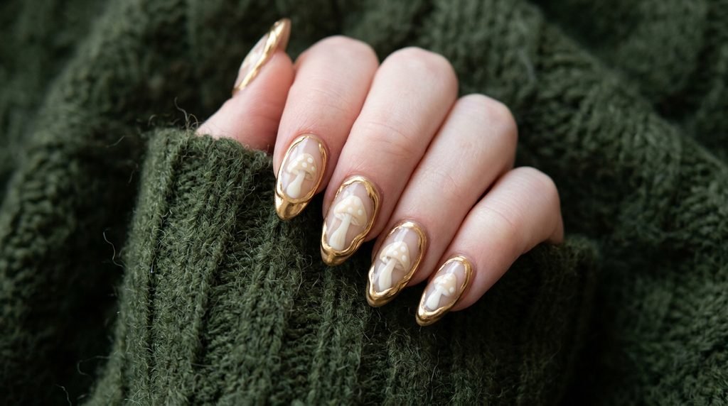 Almond nails with mushroom art framed by shiny metallic gold chrome lines on an eighteen year old hand with white skin.