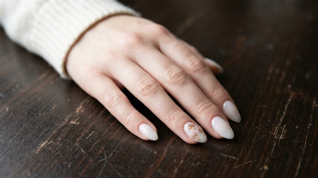 Milky white almond nails with minimalist brown mushroom accent art on an eighteen year old female hand with white skin.