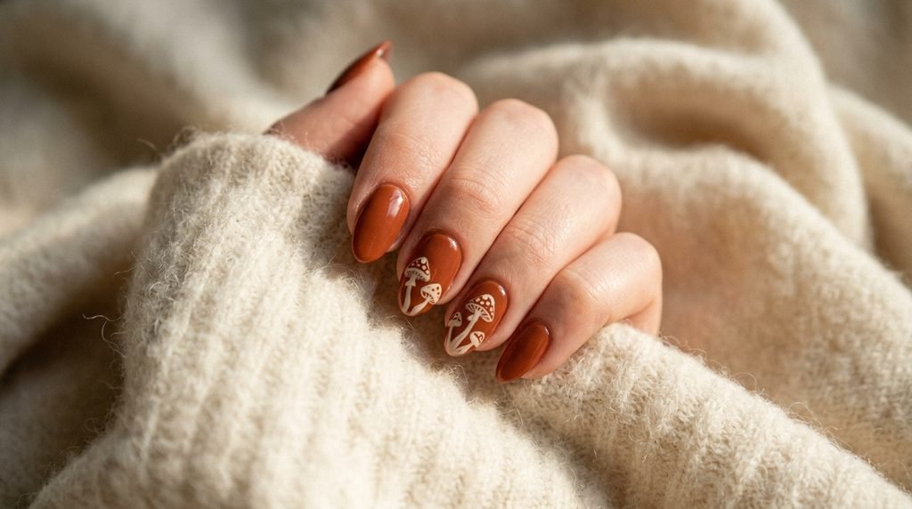 Terracotta orange almond nails featuring cream painted mushrooms on an eighteen year old female hand with white skin.