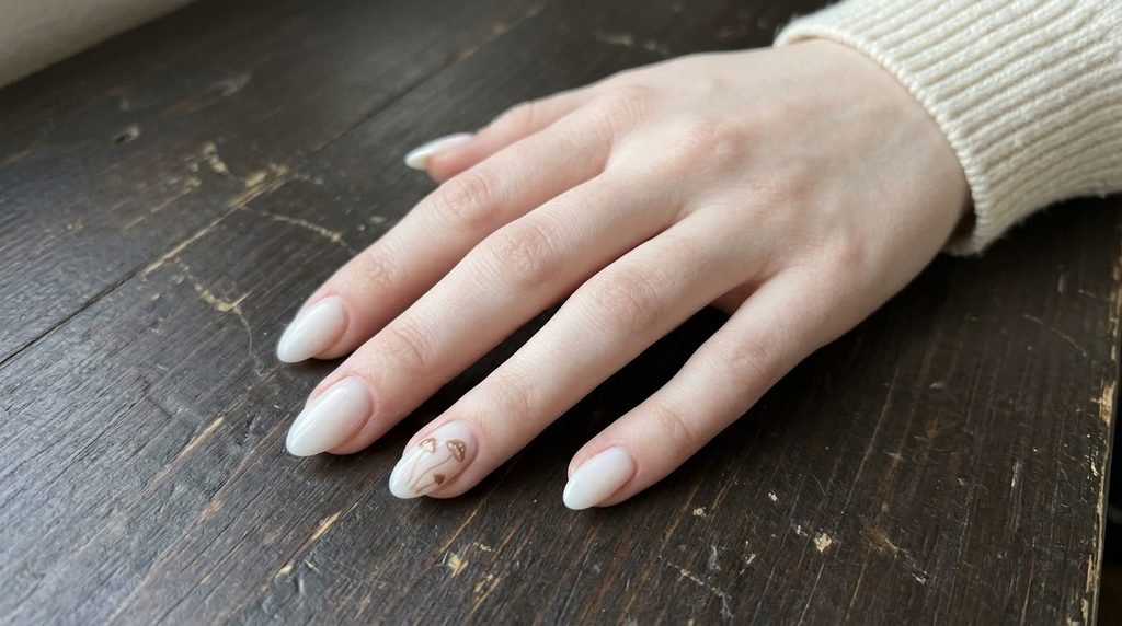 Milky white almond nails with minimalist brown mushroom accent art on an eighteen year old female hand with white skin.