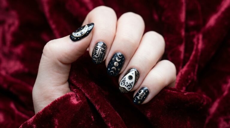 Hand with very white skin displaying five nails each decorated with individual spirit board motifs.