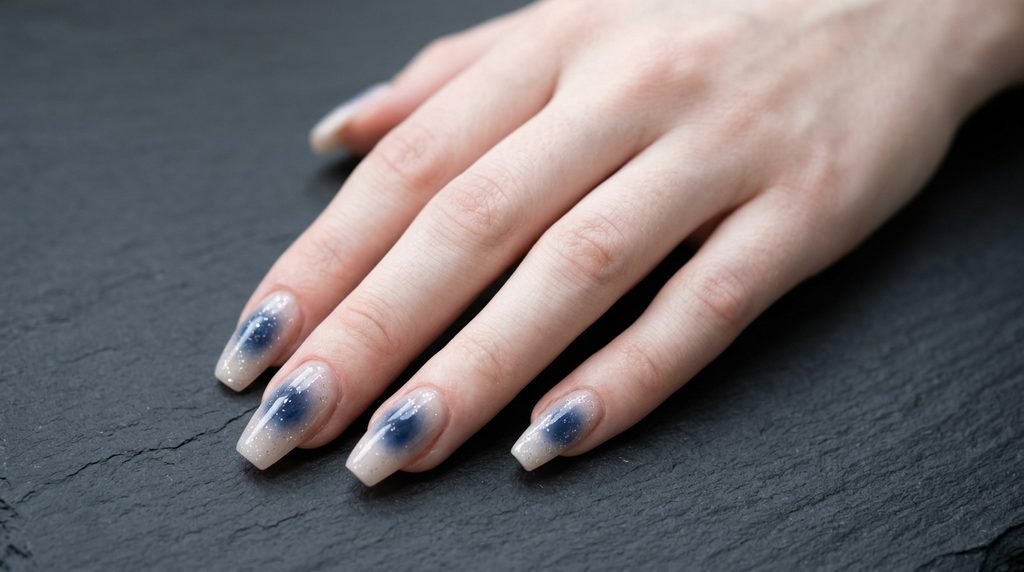 Navy aura coffin nails with silver glitter on very white skin.