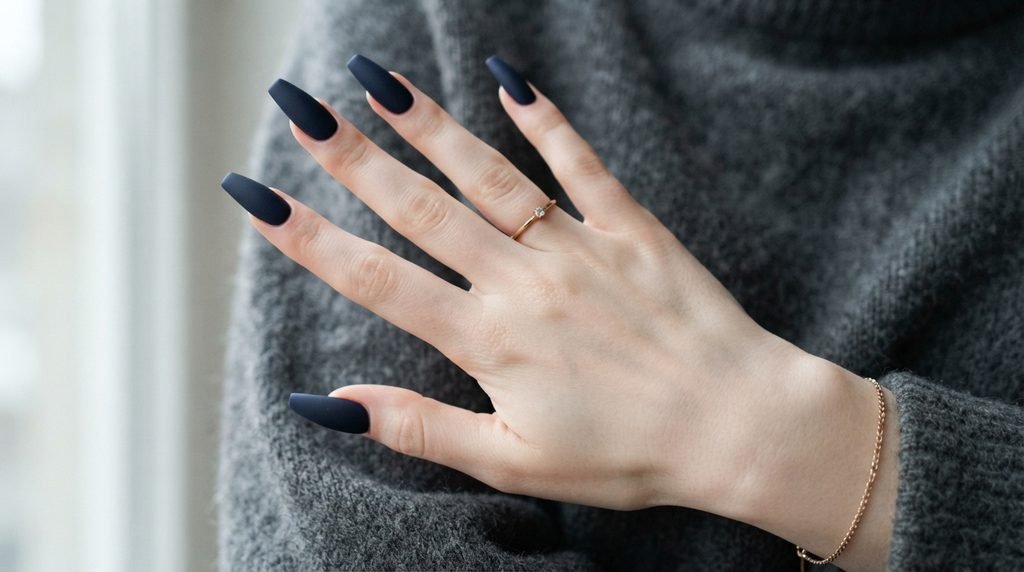 A close-up of long, precisely-shaped coffin nails on an 18-year-old female with very white skin, painted in smooth matte midnight navy, resting on grey cashmere.