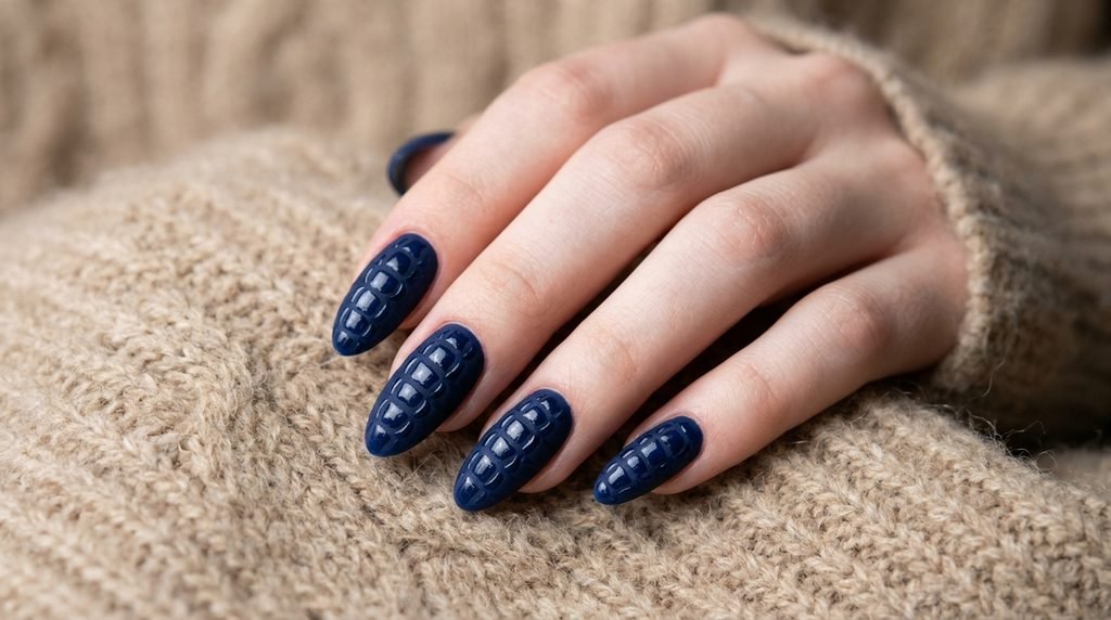 Navy croc print textured almond nails on very white skin.